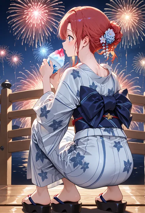     young  , Nape,yukata,Stole, sandals on the skin,fair,holding かき氷,   Fireworks ,date