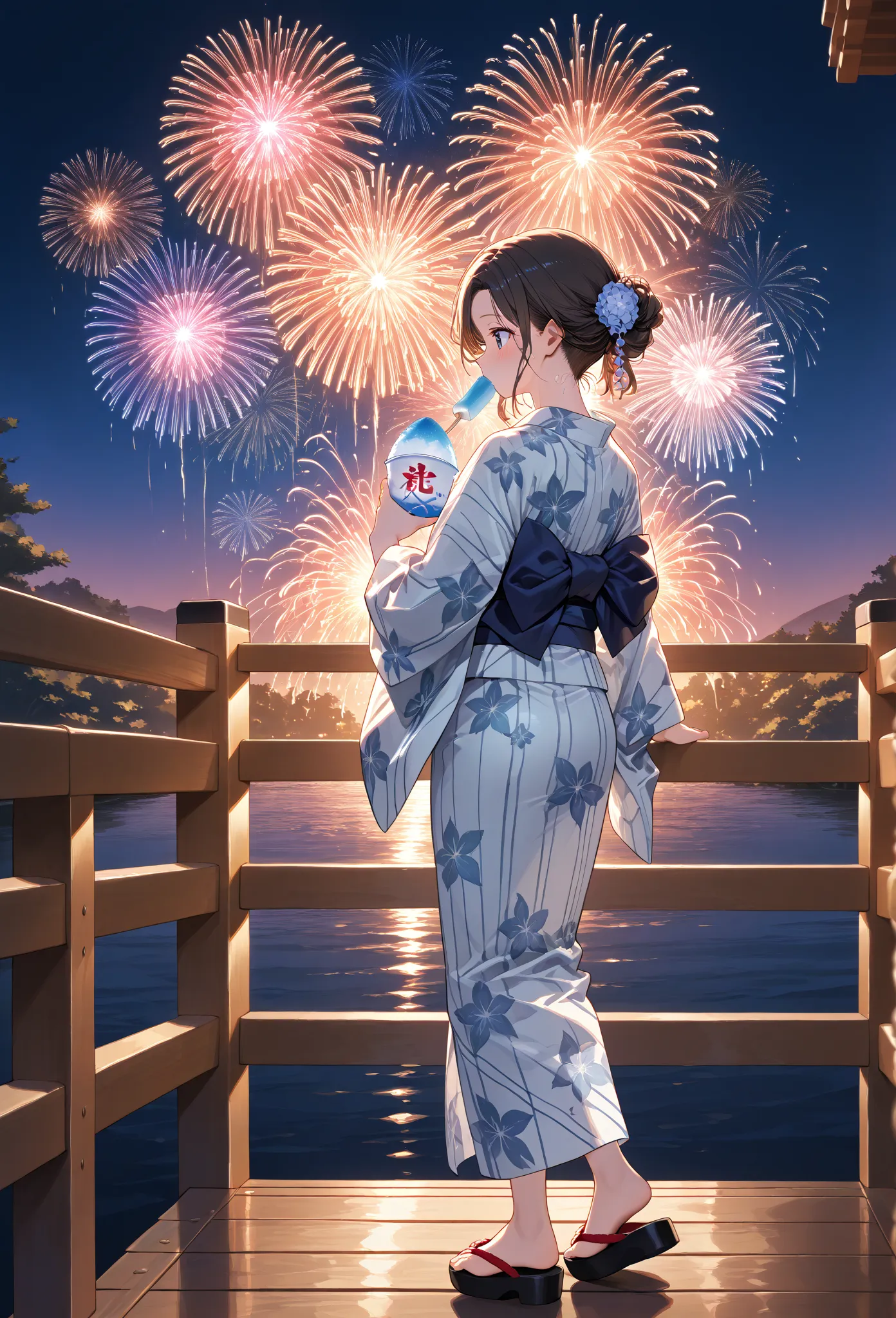     young  , Nape,yukata,Stole, sandals on the skin,fair,holding かき氷,   Fireworks ,date