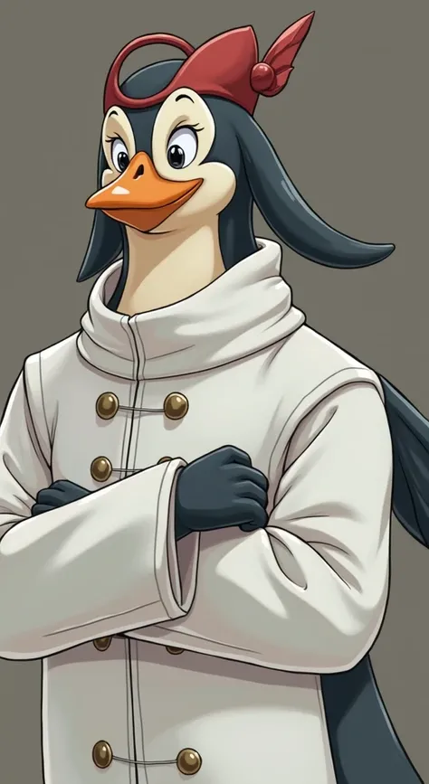 Penguin from pirates of heart, with a white outfit and cap, hands crossed over, anime illustration, 2D flat with shading, one piece illustration style