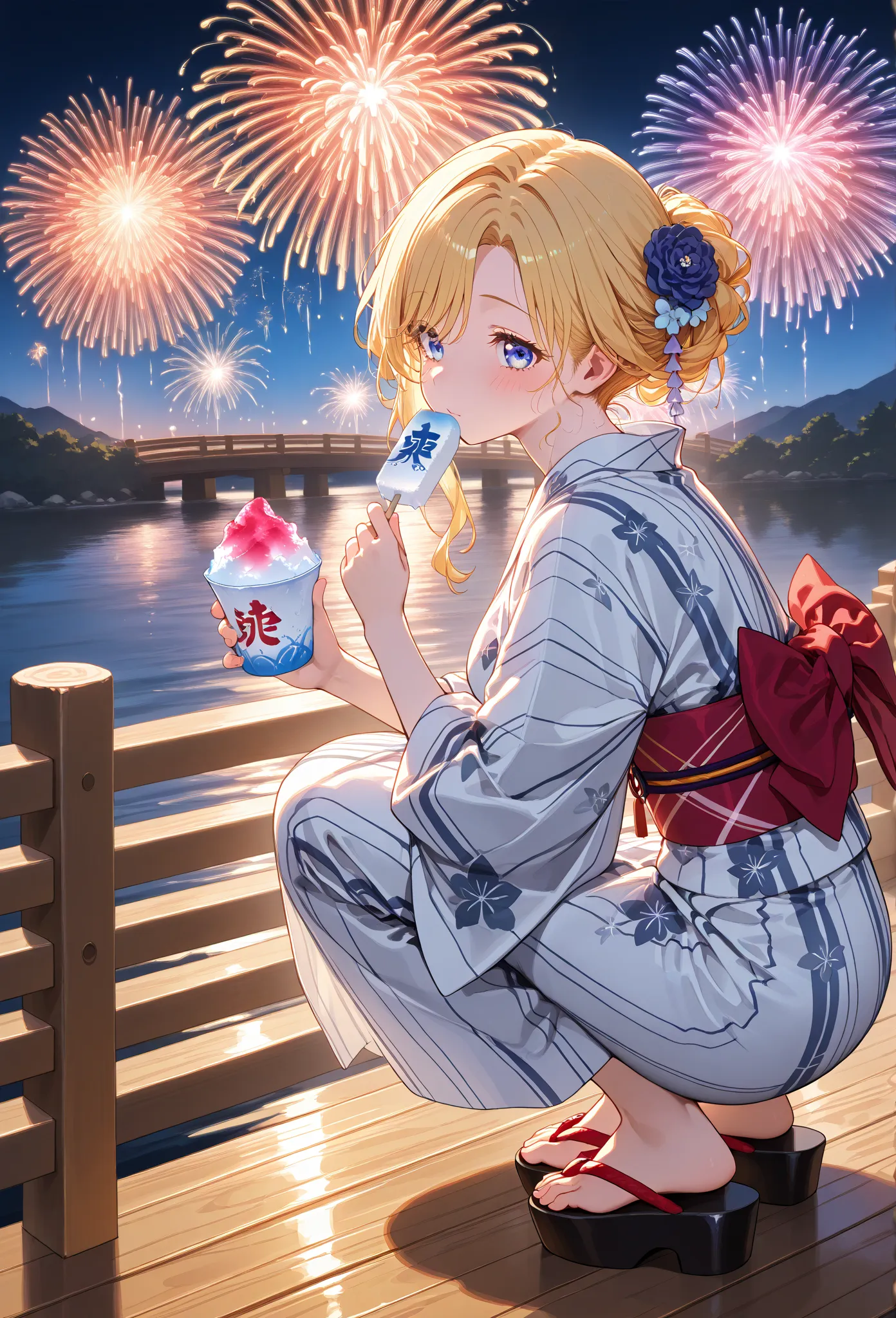     young  , Nape,yukata,Stole, sandals on the skin,fair,holding かき氷,   Fireworks ,date