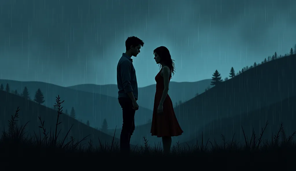 Couple animated break up in the rain at night in rural area