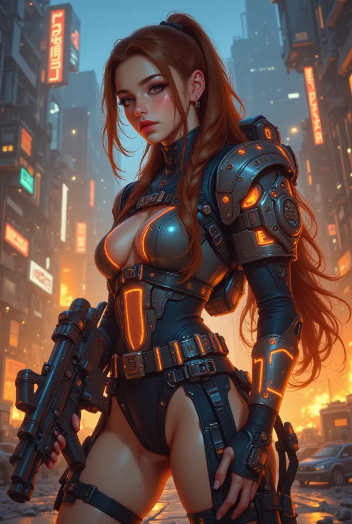 In this captivating image, the central female character (Sarah Kerrigan, inspired by the Star Craft game, Supermodel, beautiful face), red brown ponytail long hair, exudes Confident Star Craft Ghost sniper, wearing a white Terran Ghost psionic energy snipe...