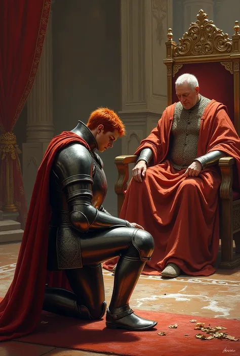 A red-haired knight kneeling for a king