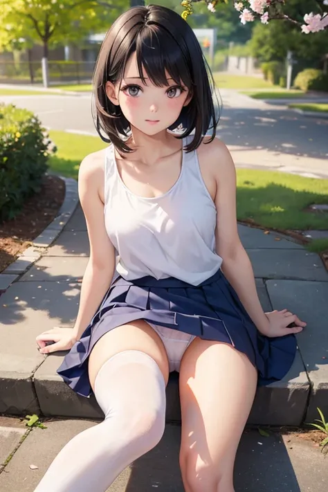 ((8k,Greatest Masterpiece,realistic images,Japanese,Perfect human anatomy,Body balance,Complete Proximity,  girl )),from before, innocent face, gentle eyes,ish, beautiful feet, short white tank top ,Short navy blue skirt, black hair, semi-long,noon, bright...