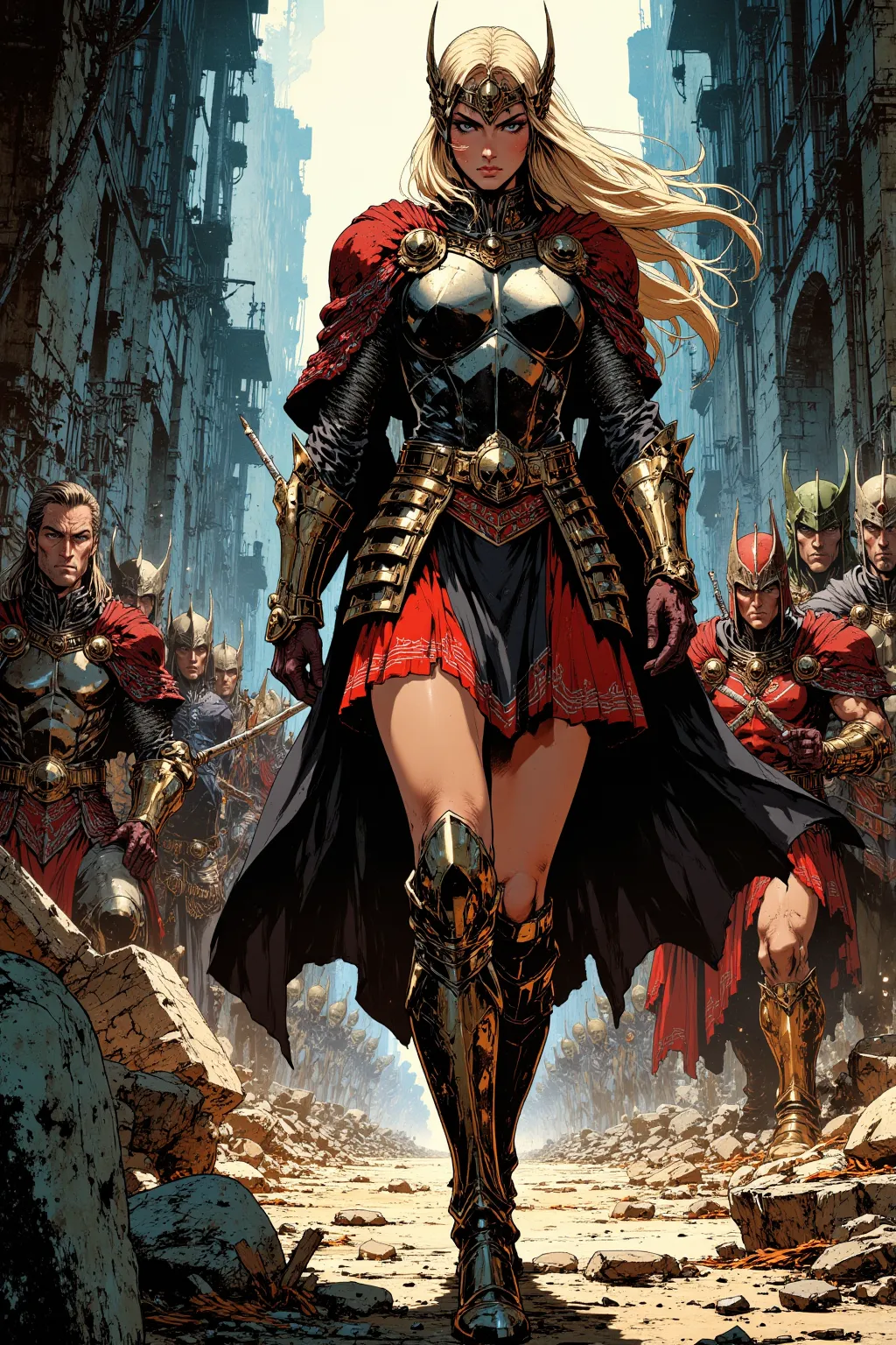 art by Mike Mignola, a painting of a woman in armor walking with a group of men, arte de fantasia de adrian smith, barbarian warrior woman, high fantasy. Royo,  epic fantasy character art , por Ryan Barger,  Very pretty Barbara woman  ,  by Aleksander Gine...