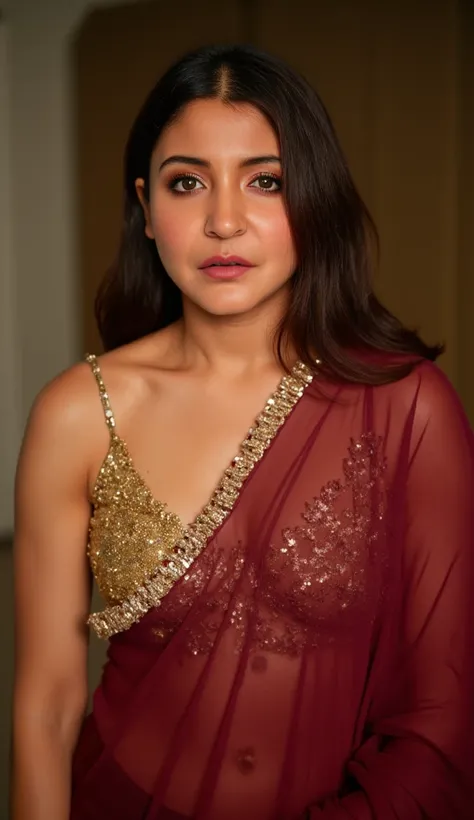 Generate a ultra realistic masterpiece close up front image of a woman in a maroon semi transparent sleeveless saree. The blouse is golden colour with mirror sequins. It has no sleeves and has a golden satin finish with off shoulder spaghetti strap. One of...