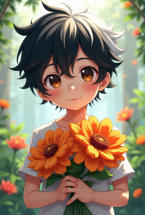 Make an anime boy With half black and white hair and with big flowers in his hand And with a shirt 