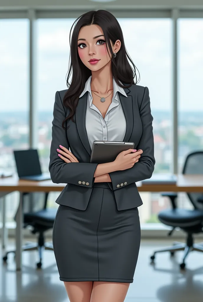 Boa Hancock from one piece stands confidently in a modern office, dressed in a crisp white blouse paired with a charcoal gray blazer and a knee-length pencil skirt. Big saggy breasts and big thighs Her makeup is subtle, highlighting her natural features wi...