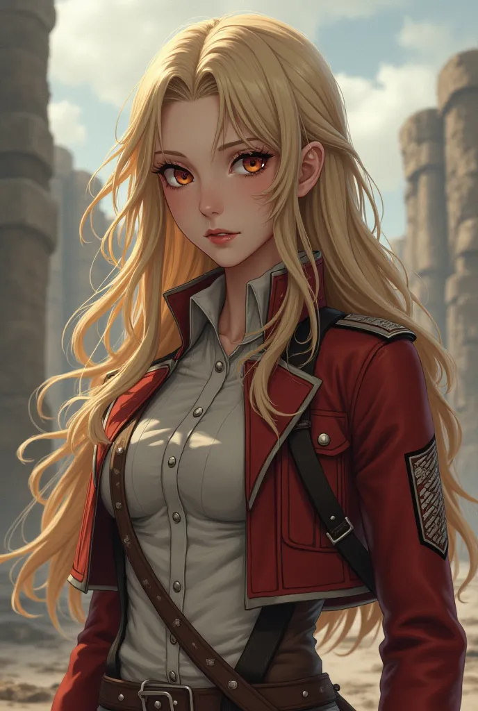 Oc female version of Shingeki no Kyojin season 1 by WIT studio ,pale skin, long wavy, faded blond hair, reddish eyes,  in the uniform of the Legion of Exploration .