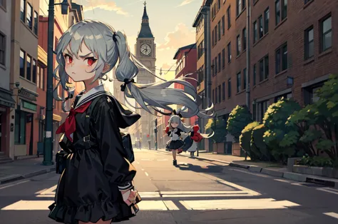 Young girl with grey hair, ((fringed and curly hair)),((curly short twintail)), curly hair ,(red eyes),, ((small bushy eyebrows)), wearing gothic lolita clothing, lolicon , to school, bored eyes, bored face , angry face, walking to school,  
