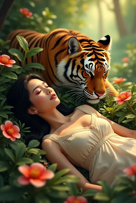 Une belle femme thailandaise endormie dans la jungle fleurie. Les gentil tigre la regarde. Elle reve d’amour.