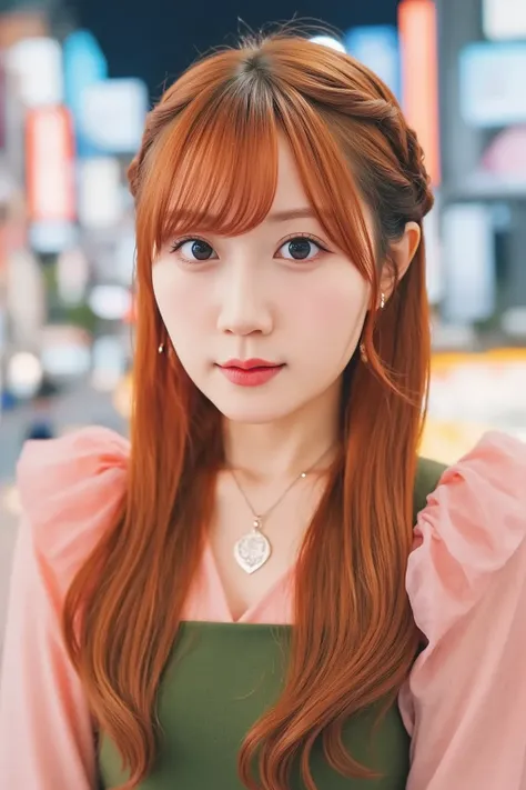 1 girl、In the city of Tokyo、night、 cityscape、 city lights 、upper body、close-up、smile、、(8k、raw photos of Kao all、Best Quality、masterpiece:1.2)、(realistic、photoRealstic:1.37)、green camisole、red hair、long hair、red hair、 heart necklace 、 Smile