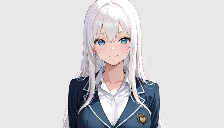 face shot, (masterpiece), best quality, high resolution, highly detailed, no background, white background, a girl with long hair, white hair, blue eyes, large breasts, school uniform, she is happy