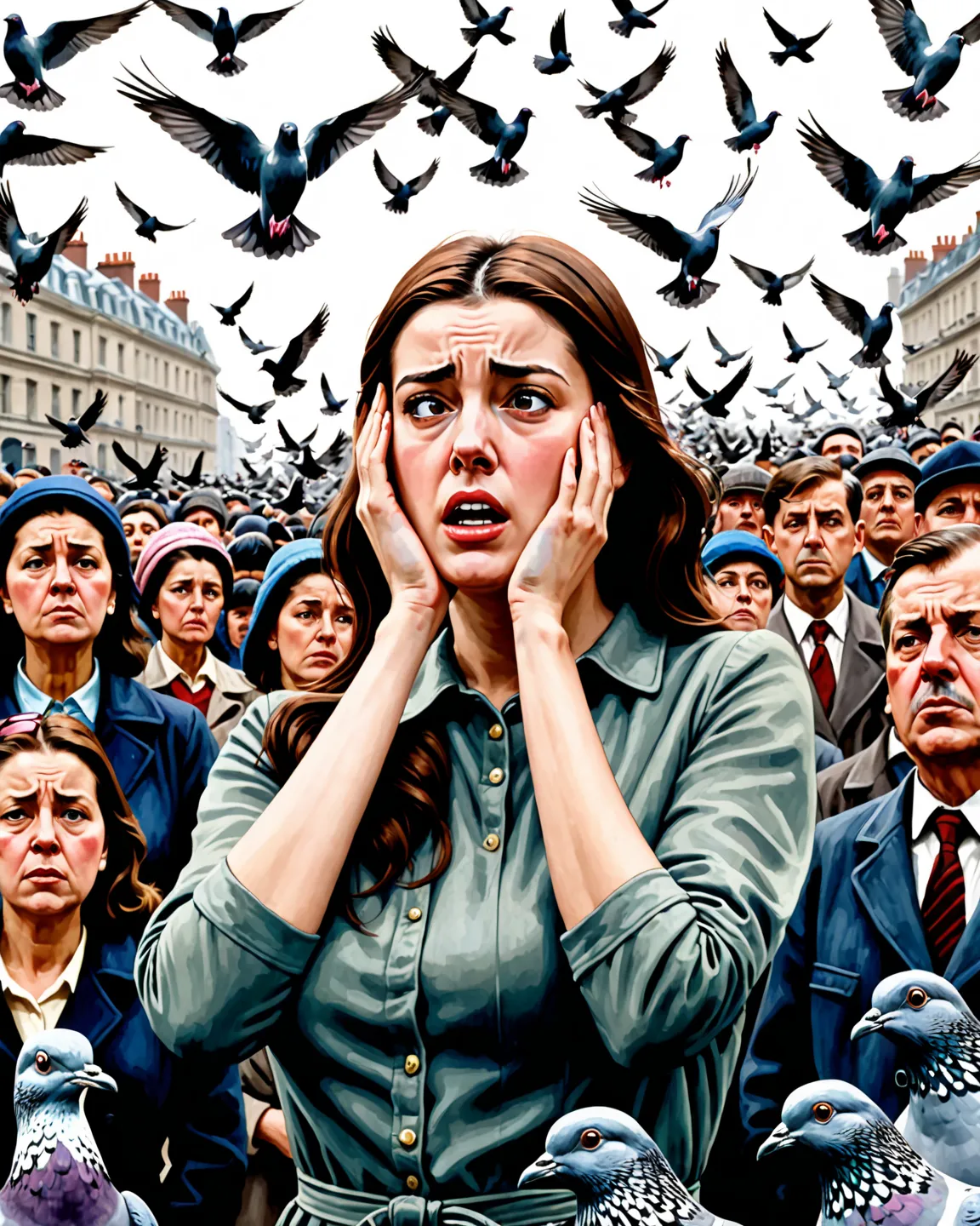 A desperate human figure,  holding the head with her hands , while in the background, a crowd of pigeons watch intently as if they were judging your decisions.