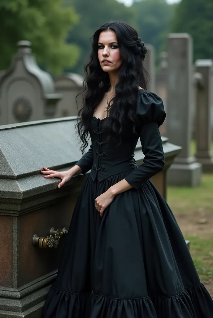 A large casket,  A woman, black hair, cumpridos, loose and wavy, black dress, ancient, of the period, black round skirt with black ruffles, fundo da imagem um cemitério ancient, with headstones on the ground, Realistic image