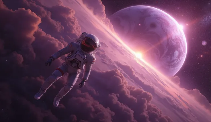 Astronaut floats through the infinite abyss of space, bathed in the ghostly glow of distant quasars. Swirling golden and crimson nebulae stretch across the cosmos, casting ethereal shadows. Below, a massive gas giant looms, its storms raging silently in th...