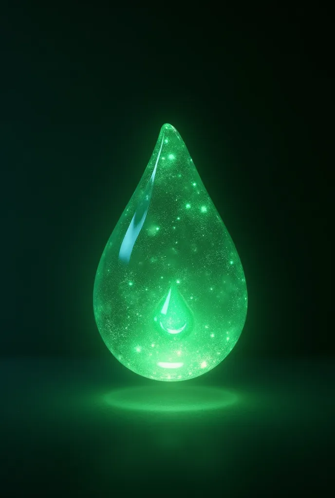 A teardrop-shaped pendant floating in a dark, ethereal background. It is made of luminous green crystal with an iridescent glow, reflecting shades of emerald and neon jade. Inside, a small core of glowing liquid green light seems to pulse gently, as if it ...