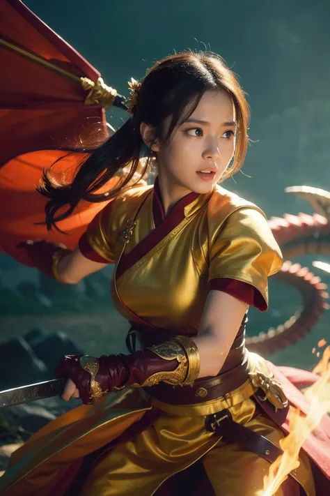 1 girl,  female swordsman、Flaming Sword、Dragons fight