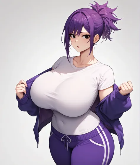 mixed_Art Style , (detailed eyes), (mature woman), pretty woman, huge breasts, (short messy hair, purple hair tied behind, high mini ponytail on the side), side fringe, ( long-sleeved jacket, t-shirt, sweatpants ), black eyes , ultrarealista, huge body