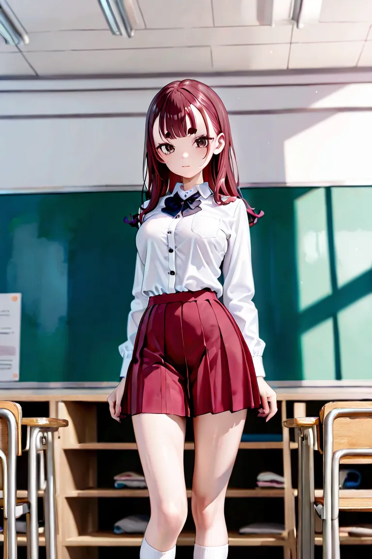 BEST QUALITY, ULTRA DETAILED, PERFECT ANATOMY, HIGH DEFINITION, INTRICATE DETAILS, ALONE, 1girl, slim, medium breasts, wine hair, long twitails, short eyebrows, dark brown eyes, school uniform, white shirt, black buttons, pleated skirt, dark red skirt, whi...