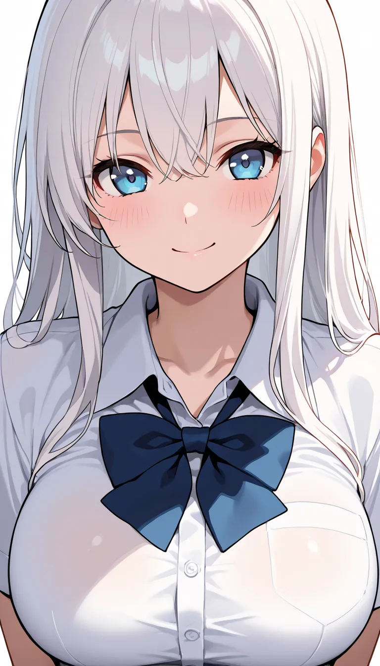 face shot, (masterpiece), best quality, high resolution, highly detailed, no background, white background, a girl with long hair, white hair, blue eyes, large breasts, school uniform, she is happy