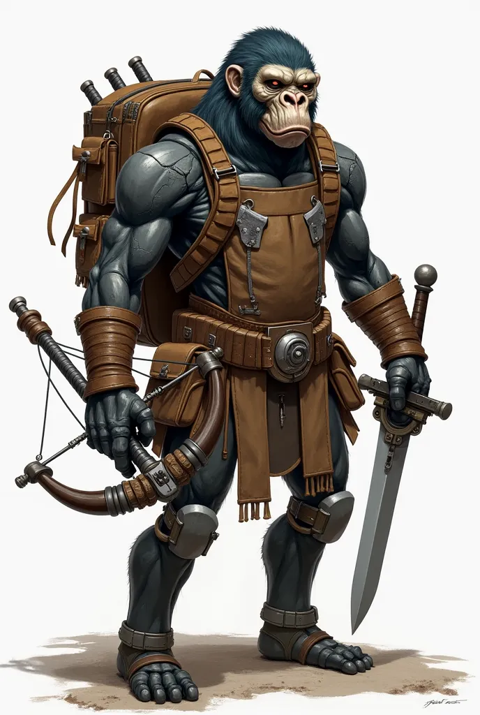 Dungeons & Dragons construct that is humanoid shaped has a robotic face similar to a gorilla and is short yet stocky built. They are wearing a leather belt with leather pouches. They are carrying a leather backpack. They have a crossbow and a sword