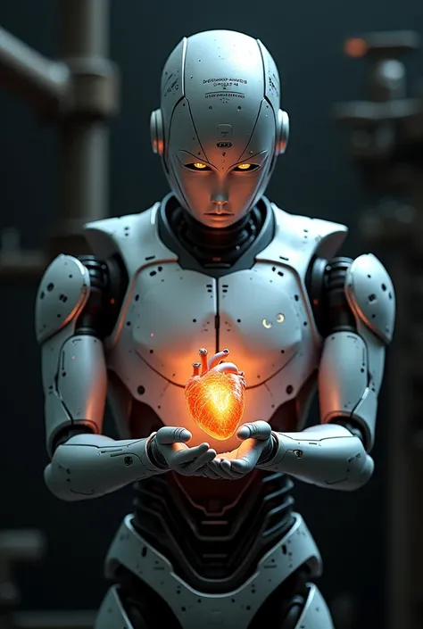 Anton, a robot with an inscription on his head, shows his heart with his hand 