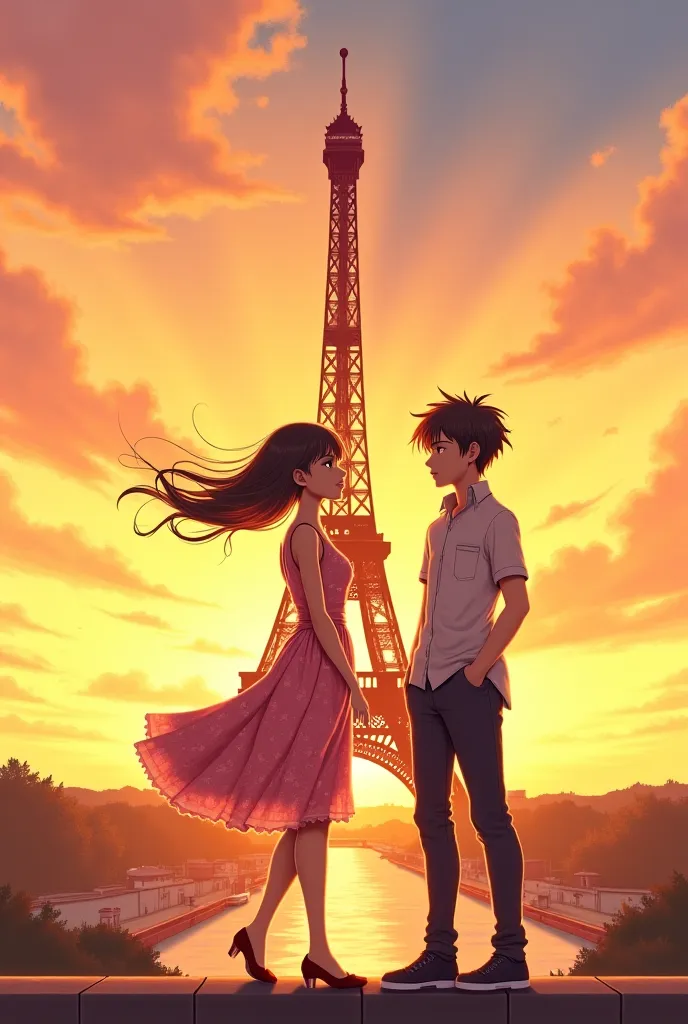 Create an image with the Eifel tower in the background with a girl dressed in a dress with her hair flying and on the other side the same girl dressed as a boy at sunset