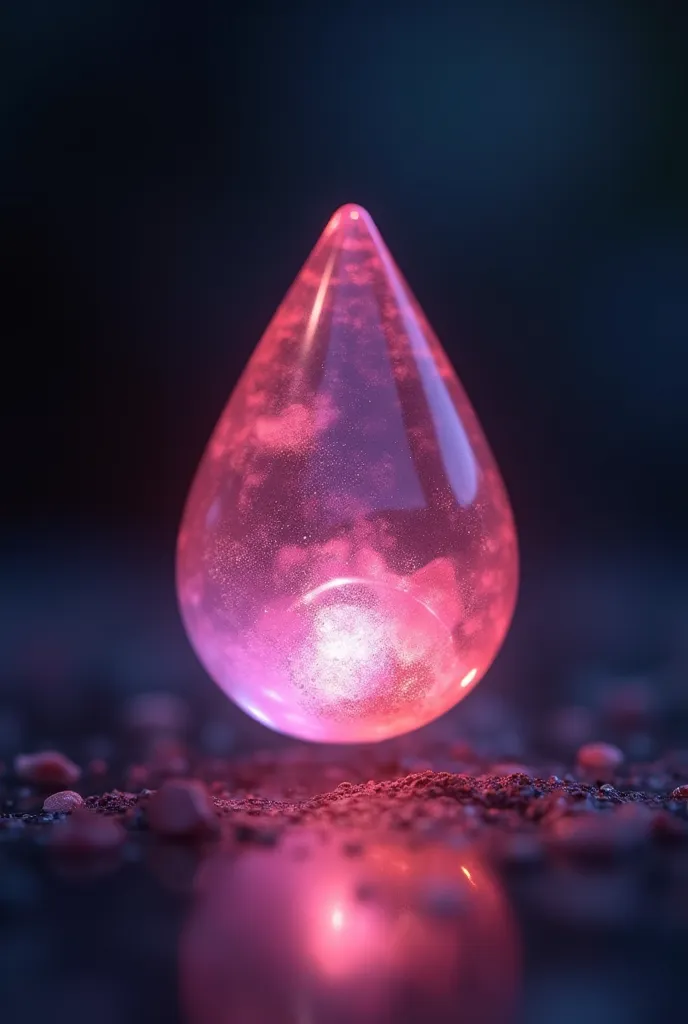 A teardrop-shaped pendant floating in a dark, ethereal background. It is made of radiant pink crystal with an iridescent glow, reflecting shades of rose quartz and shimmering magenta. Inside, a small core of glowing blush-pink liquid seems to pulse gently,...