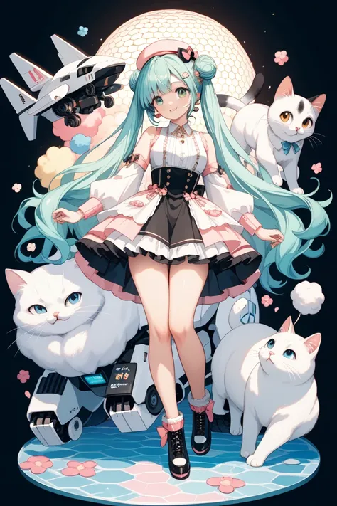 Hatsune Miku style twin bun down hair half up bun half up bun half up twin tail long hair half up pastel pink, light pastel mint green color hair color half up twin tail long hair, smooth, straight hair, only the tips, slightly loose, fluffy, white, cute, ...