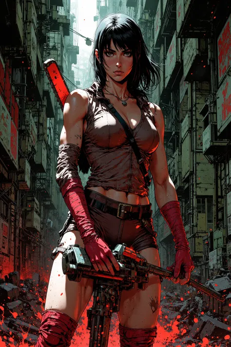 art by Mike Deodato Jr, a close up of a woman with a chainsaw in a dirty area, bloody + conceptual art, Wojtek Fus,  post-apocalyptic vibes ,   post-apocalyptic style  ,  a very beautiful Berserker woman , post-apocalyptic scavenger, cyberpunk horror style...