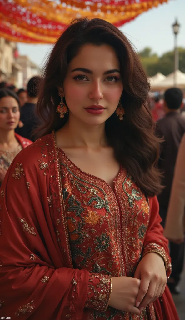 a captivating scene of a Pakistani busty, her pale skin glowing with natural beauty, (dark thick long hair), (big breasts), (modeling), (model photoshoot), standing in a Eid ceremony, She wears a fitting colorful satin shalwar kameez, , Her hips are accent...