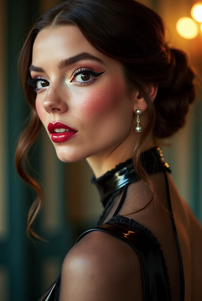 elegant brown hair, lip botox injections, extremely shiny bright red lip gloss, red lip gloss, eyeliner flicks, latex rubber fetish outfit for a secretary, wearing her hair up, 