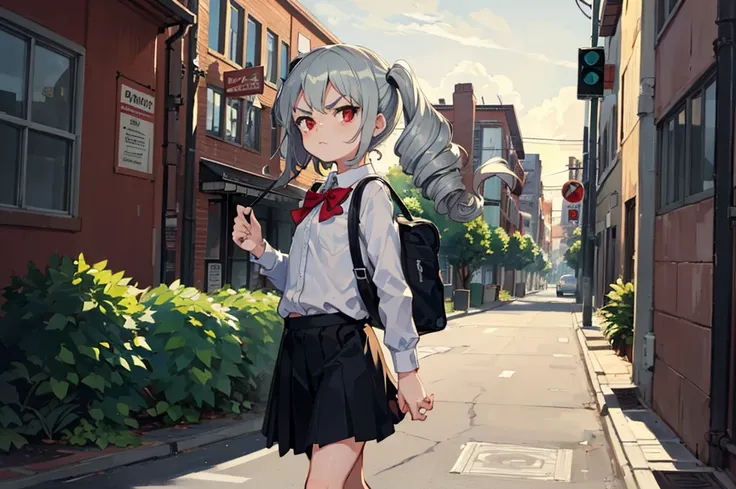 Young girl with grey hair, ((fringed and curly hair)),((curly short twintail)), curly hair ,(red eyes),, ((small bushy eyebrows)), naked, lolicon , to school, bored eyes, bored face , angry face, walking to school,  
