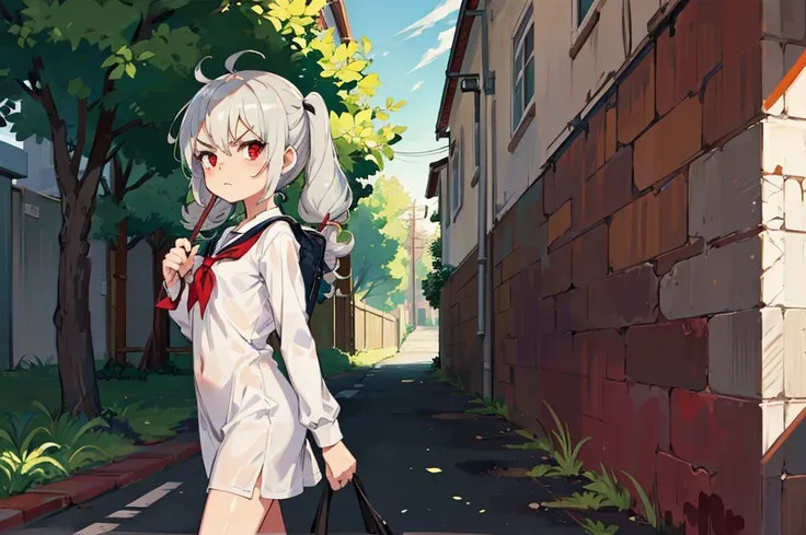 Young girl with grey hair, ((fringed and curly hair)),((curly short twintail)), curly hair ,(red eyes),, ((small bushy eyebrows)), naked, lolicon , to school, bored eyes, bored face , angry face, walking to school,  
