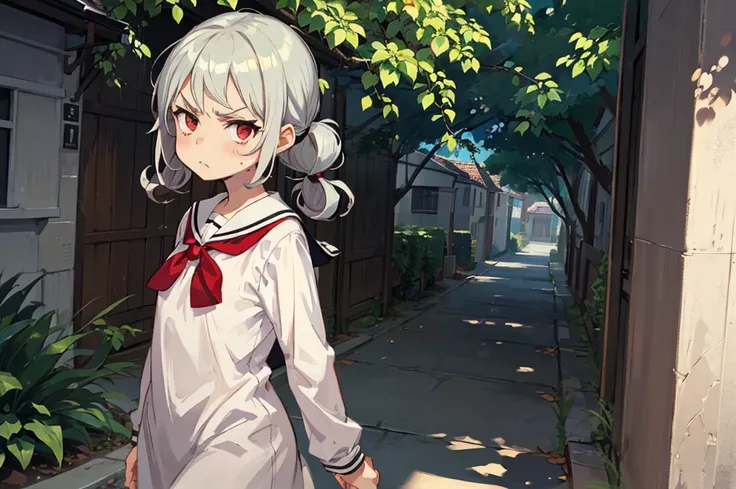 Young girl with grey hair, ((fringed and curly hair)),((curly short twintail)), curly hair ,(red eyes),, ((small bushy eyebrows)), naked, lolicon , to school, bored eyes, bored face , angry face, walking to school,  
