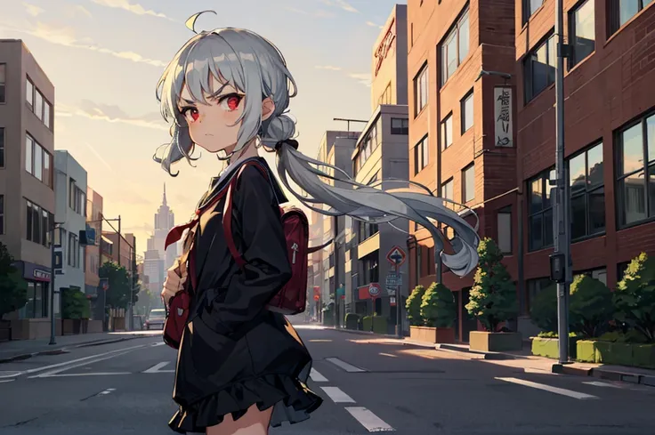 Young girl with grey hair, ((fringed and curly hair)),((curly short twintail)), curly hair ,(red eyes),, ((small bushy eyebrows)), naked, lolicon , to school, bored eyes, bored face , angry face, walking to school,  
