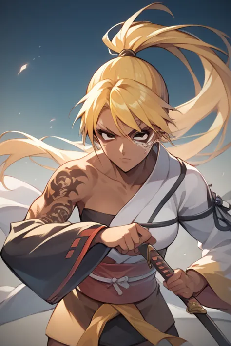  score_9,  score_8_ up,  score_7_ up,  source_ anime break，nsfw， uncorrected， A Beautiful Samurai Holding a Japanese Sword , action painting, ponytail,  yellow hair , brown skin, Completed， Low，perfect face, masterpiece, anatomically accurate, I sat down f...