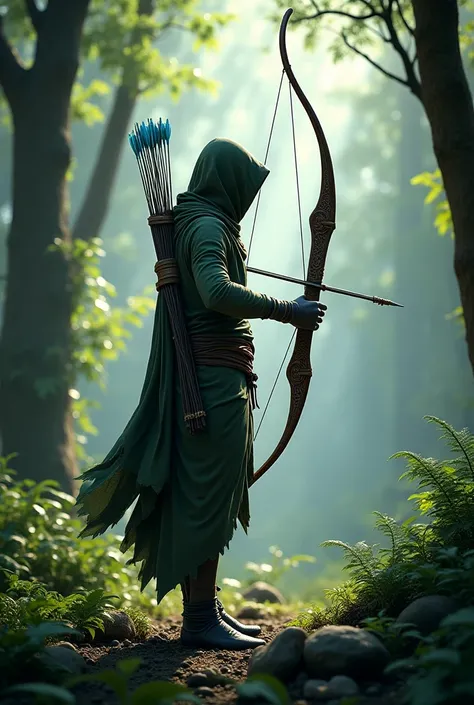 Hooded elf with a bow and blue arrows