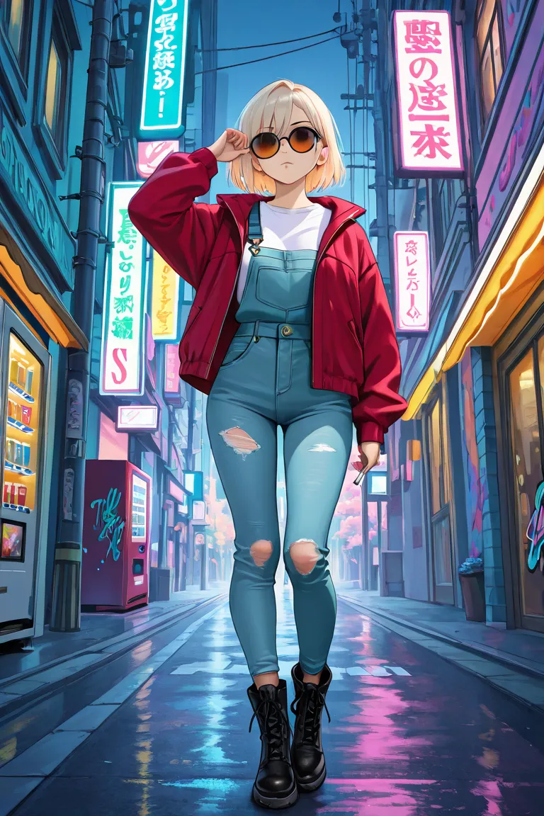 A young East Asian woman with light blonde hair leaning against a light teal-green utility pole in a bustling city street. Positioned slightly left of center in the frame, she faces the viewer with a calm yet slightly serious expression, holding a cigarett...