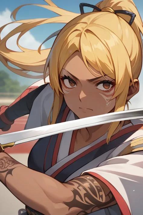  score_9,  score_8_ up,  score_7_ up,  source_ anime break，nsfw， uncorrected， A Beautiful Samurai Holding a Japanese Sword , action painting, ponytail,  yellow hair , brown skin, Completed， Low，perfect face, masterpiece, anatomically accurate, I sat down f...