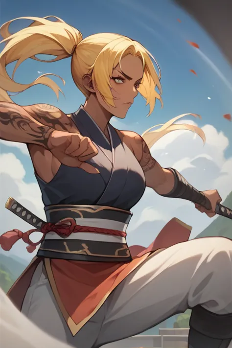  score_9,  score_8_ up,  score_7_ up,  source_ anime break，nsfw， uncorrected， A Beautiful Samurai Holding a Japanese Sword , action painting, ponytail,  yellow hair , brown skin, Completed， Low，perfect face, masterpiece, anatomically accurate, I sat down f...