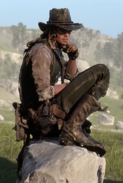 A handsome young man, no beard, full lips, very handsome, with long, chestnut curly hair braided into a low ponytail, wearing a slightly weathered cowboy hat tilted back on his head, sits on a rock in the middle of a sunlit clearing. He leans forward with ...