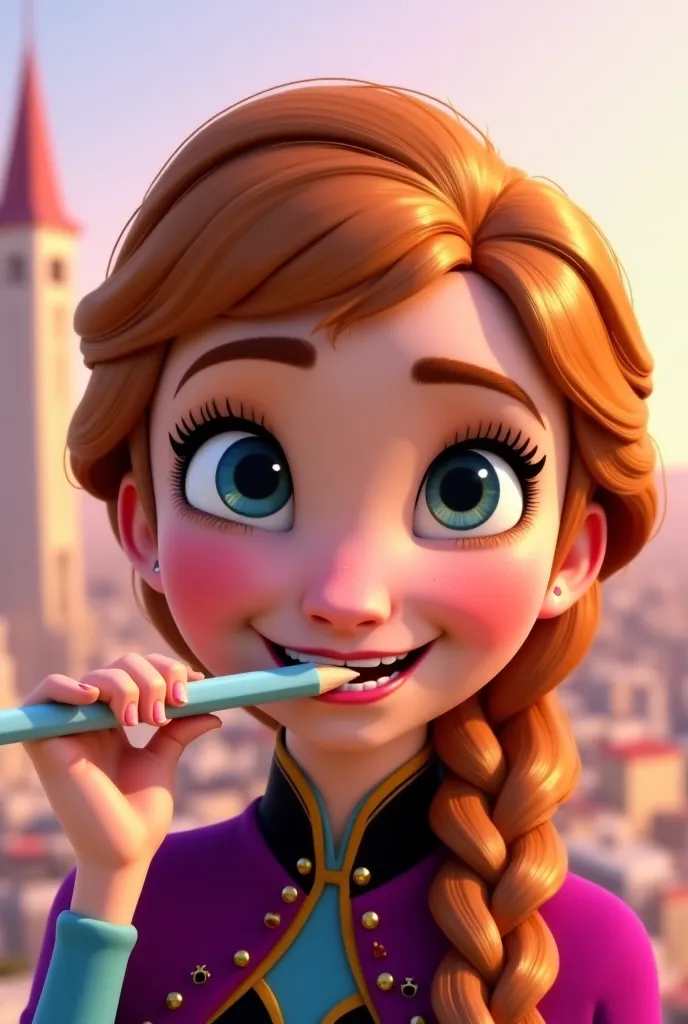 Tip: A very lovely Anna from FROZEN being happy alone in Downtown San Diego in the sun… The illustration is a high definition illustration with 4k resolution., with highly detailed facial features and cartoon style visuals, close up of Anna’s face biting a...