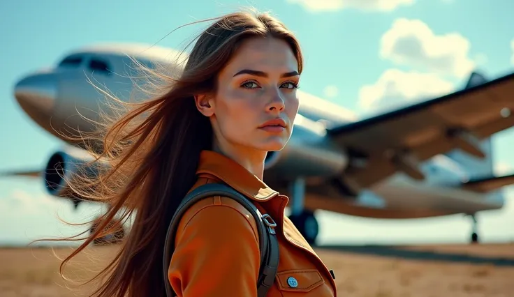  steampunk, brown-haired woman [full length], with long hair, adventurer, against the background of a huge aircraft, к кадре множество елементов  steampunkа, [all shades around are blue, orange and brown].