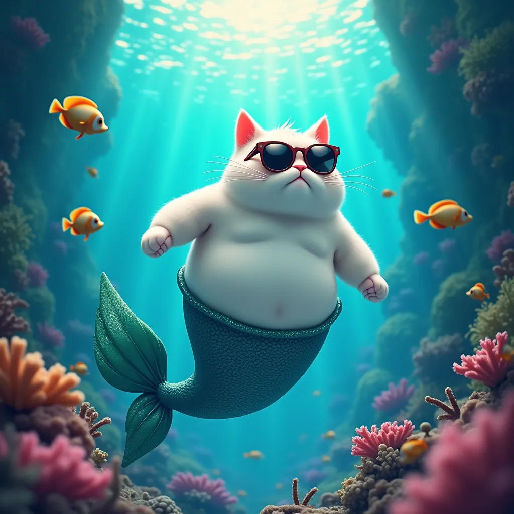 A fat white cat wearing sunglasses becomes the main character of Disney's TheLittleEmerald, becomes a mermaid, and becomes one side of the poster。

8k、 real 