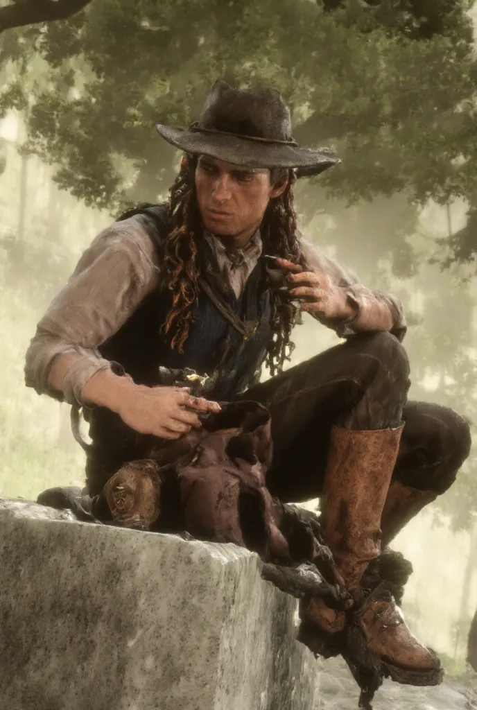 A handsome very young man, no beard, full lips, very handsome, with long, chestnut curly hair braided into a low ponytail, wearing a slightly weathered cowboy hat tilted back on his head, sits on a rock in the middle of a sunlit clearing. He leans forward ...