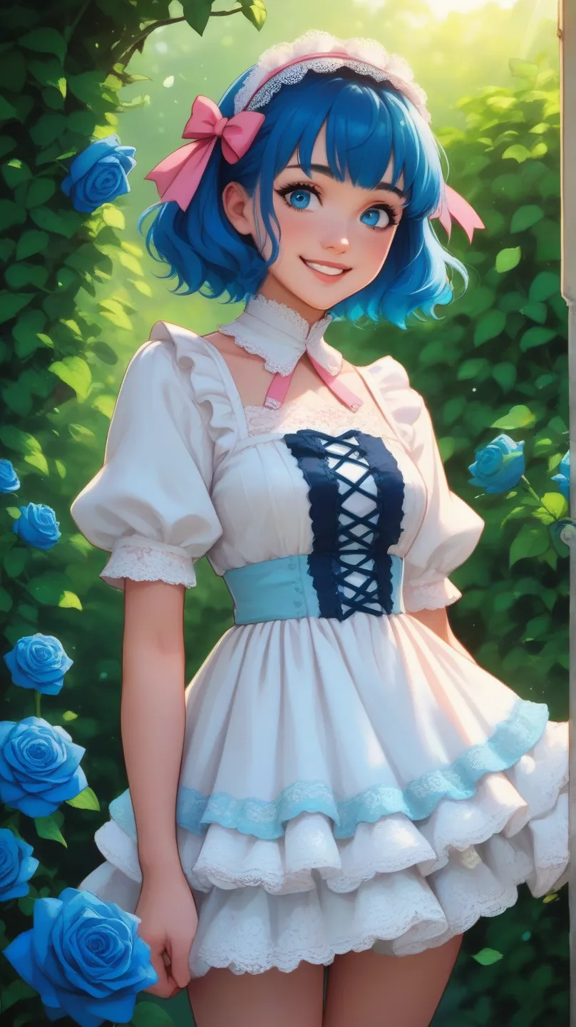 A cute anime girl with short blue hair, wearing a dark frilly outfit with white lace, standing in a garden with green leaves and blue roses. She has big blue eyes, a gentle smile, and a pink ribbon hair accessory. The style is vibrant and detailed, with so...