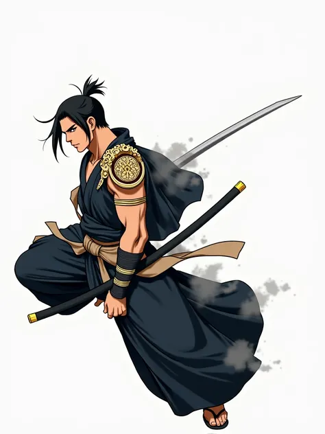 anime style,Tall and athletic man , brown skin,Chilling hair tied,Wide Face,black yukata,brown samurai armbands and shoulder pads,A gourd around the waist,a colossal longsword.