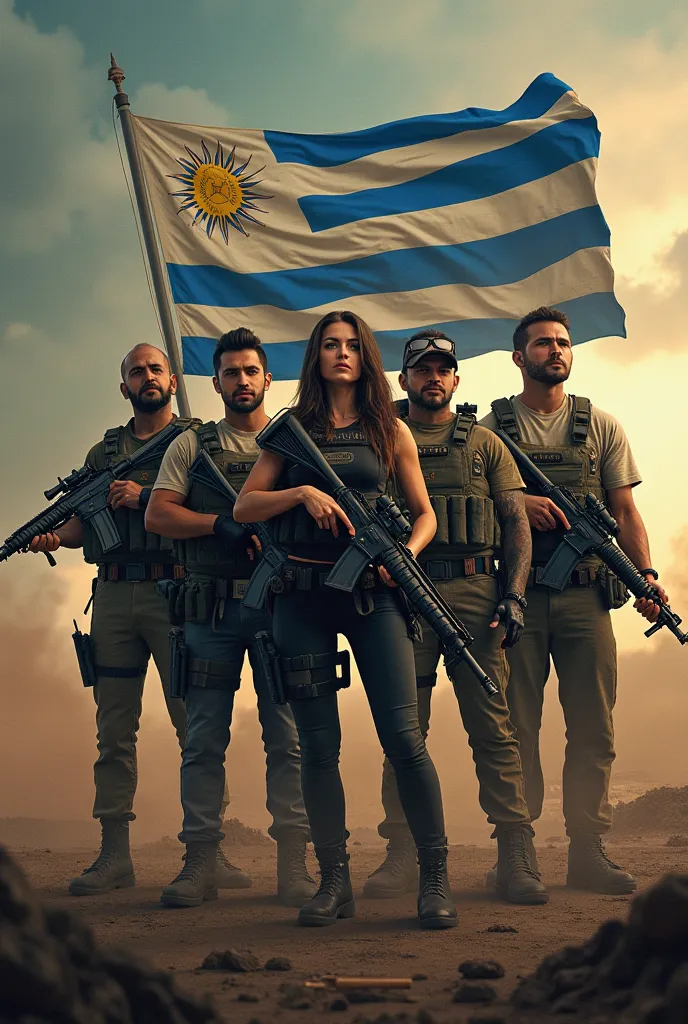 5 mercenaries (  is missing 4 men and a woman  ) Uruguayans armed. (on an apocalyptic background ) (with the Uruguayan flag included in the background of the image ) with a centered title that says TEAM UY 